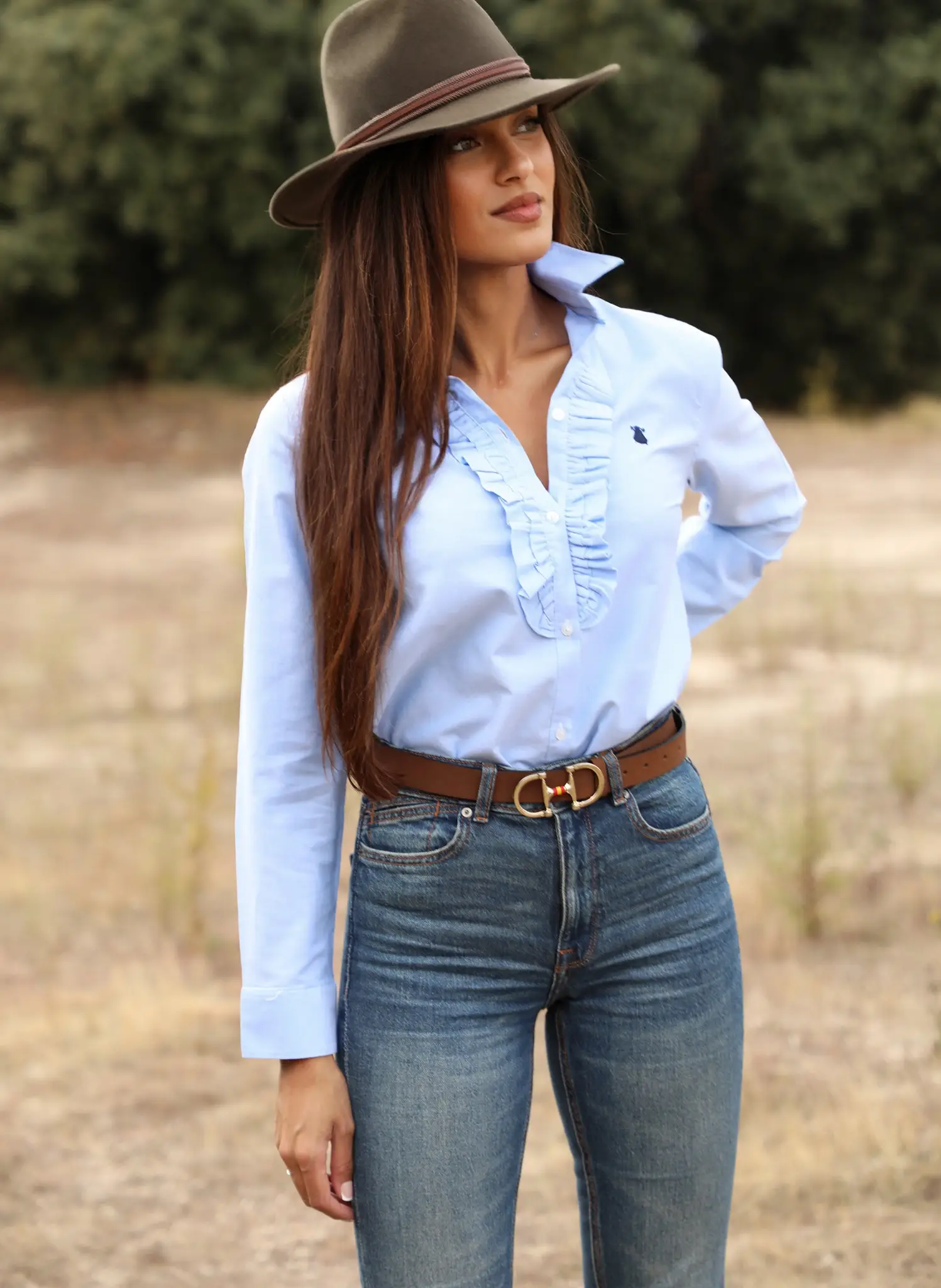 Camisa Azul Pechera Volantes Mujer