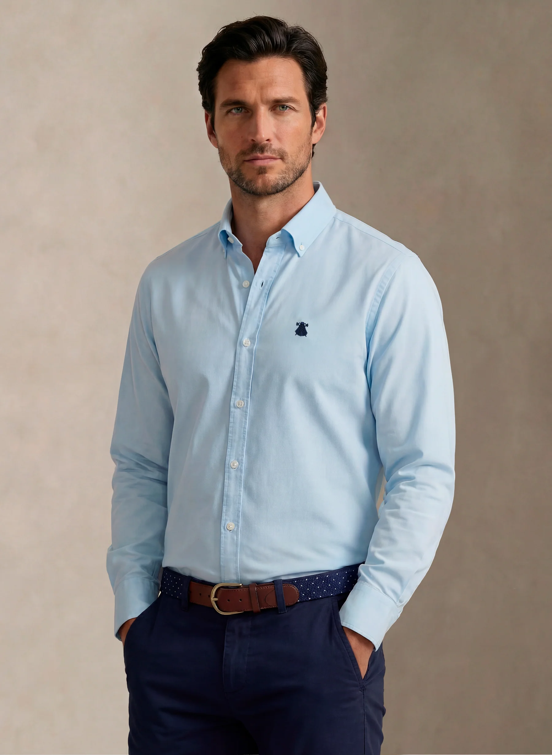 Camisa Celeste Popelín Cuello Botón Hombre