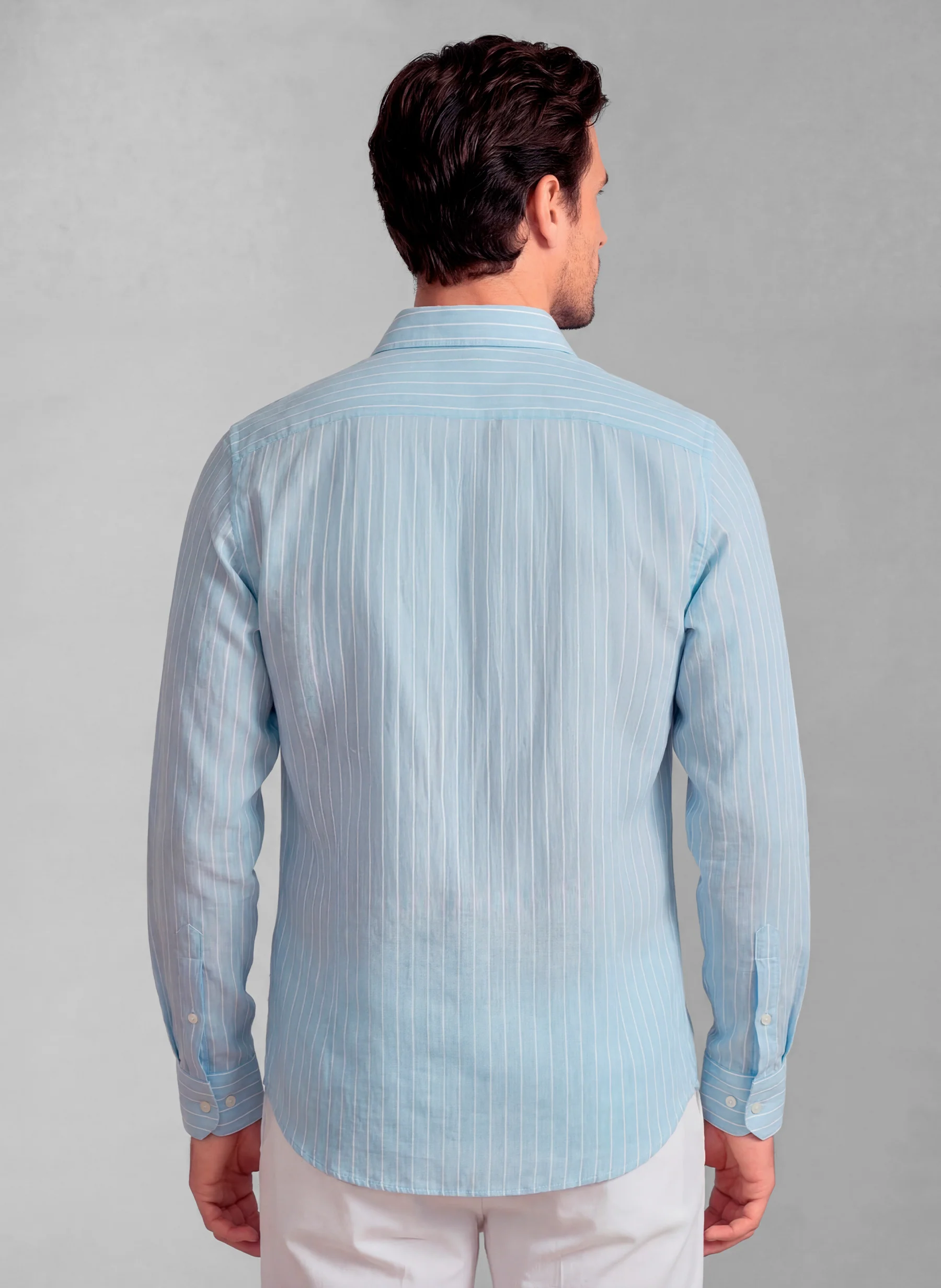 Camisa Celeste Raya Blanca Lino Hombre - Image 5